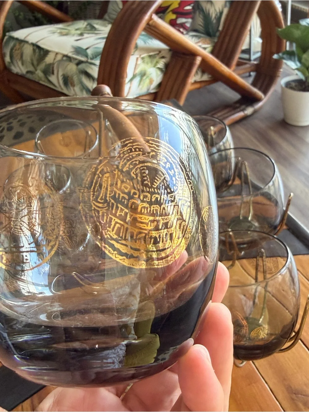 Vintage Smoke Glass Tumbler Set with Metal Carrier - Gray
